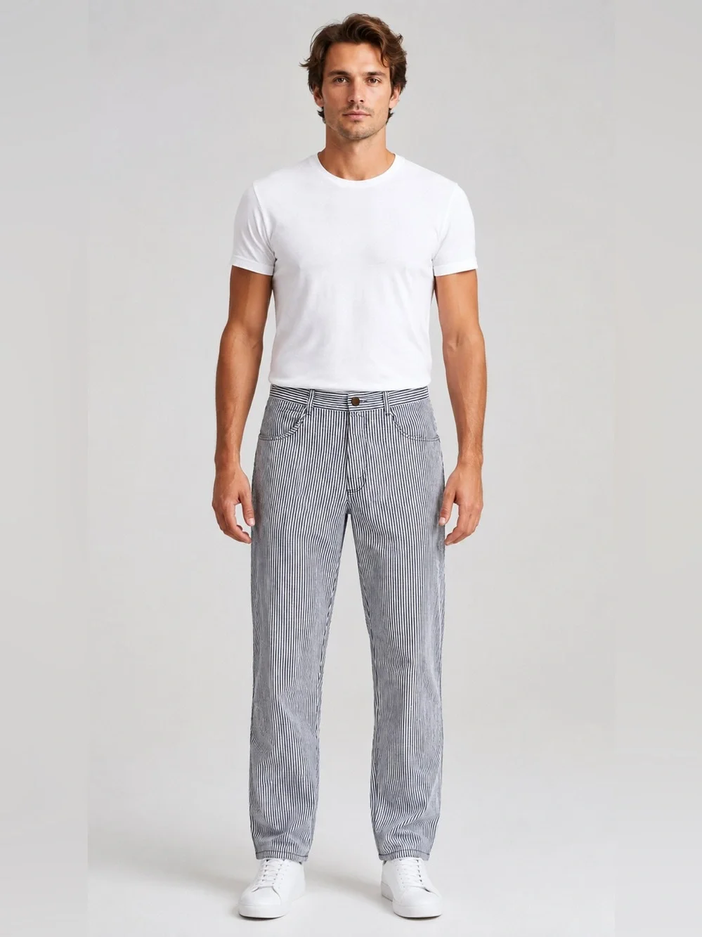 NWT Alex Crane Pants Men’s 30 Navy White 100% Linen Striped Button Fly Casual